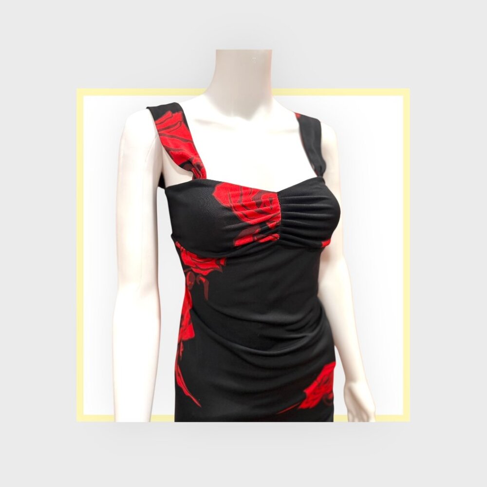David Park Rose Print Bodycon Dress Small - Like New - Red Black